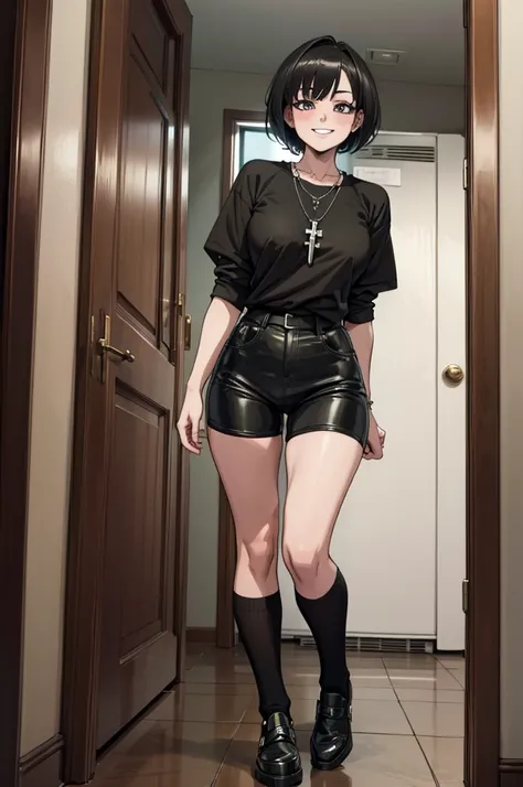 (Masterpiece) (High Detail) (High Res) (white Skin) (アニメ) (Full body picture) beautiful young, gigante breasts, Gothic style, black sweatshirt, black shorts black clothes, bruncos, cross necklace, Grinning, looking from the front, black short hair