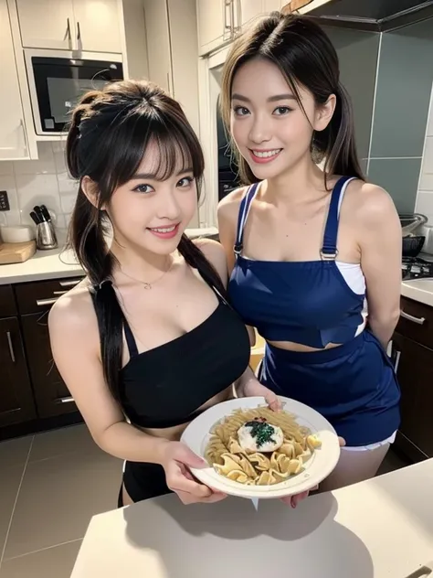 (dynamic angle:1.3, front view:1.1, breast focus:1.3, from above:1.1), (dynamic posing:1.2, sexy posing:1.2), (seductive smiling:1.3), ((holding Pasta on a plate,Taking the pasta out of the pan, worried about the outcome:1.2)),highest quality、(real、photore...