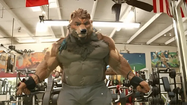 solo, kemono, Grizzly Bear, anthro, muscular, male, brown fur, furry, black shorts, shirtless and topless, black wristbands, gym, cable crossover machine, cable uppercut fly, pulling the flyes, gym equipments, workout, 2D Disney art, perfect lighting, (lig...