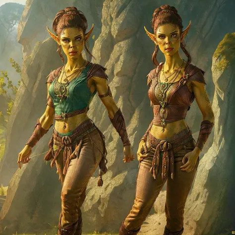 1 female githyanki, (solo) green skin, pointed ears, flat nose, necklace, hair bun, aiming butt at camera, hands on hips, brown pants, masterpiece, high quality, hyper detailed, cinematic lighting, photorealistic, concept art, fantasy