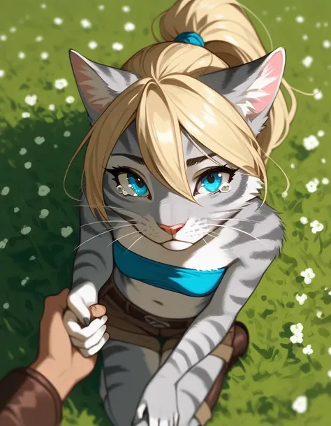 Solo, score_9,score_8_up,score_7_up, source_furry, kat, Anthro furry feline, blue eyes, blonde hair, (ponytail hair), pink nose, :3, white whiskers, silver fur with grey stripes, furry body, wearing blue bandeau, brown short shorts, brown boots, on her kne...