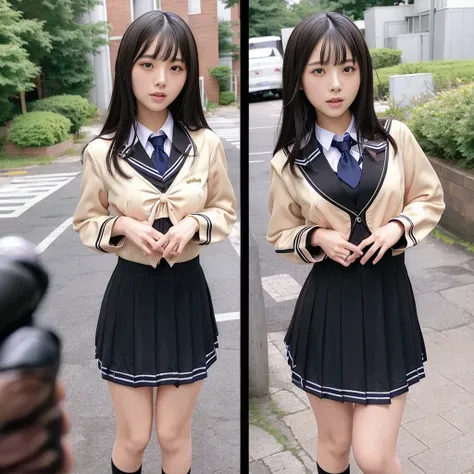 high quality, masterpiece, Very detailed, 8K, a 17 years old beautiful Japanese woman:1.5, Small face, Black Hair, Breast Augmentation Surgery, (Detailed High School Uniforms:1.5), remote_play, remote_Vibrate、　(climax:1.5)