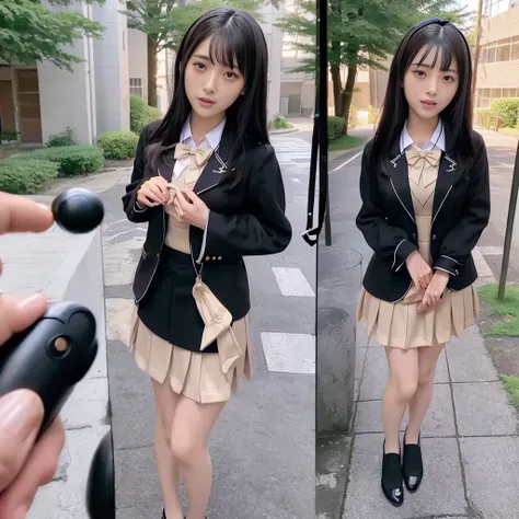 high quality, masterpiece, Very detailed, 8K, a 17 years old beautiful Japanese woman:1.5, Small face, Black Hair, Breast Augmentation Surgery, (Detailed High School Uniforms:1.5), remote_play, remote_Vibrate、　(climax:1.5)