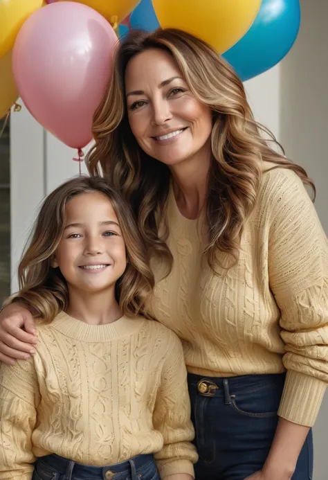 A real photograph of a half-smiling 45-year-old woman, half-saggy breasts, curvy body, and layered wavy brown hair falling in front, standing next to her smiling 11-year-old daughter. The 45-year-old woman is wearing a luxurious black and gold Louis Vuitto...