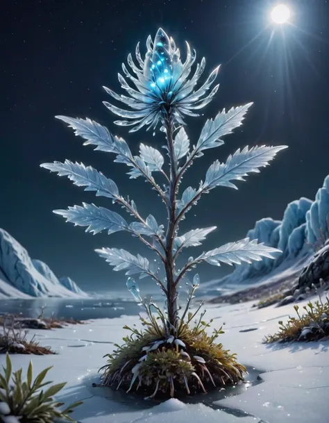 create an image of a rare plant called shiverbug, which grows exclusively in the remote, icy regions of the arctic tundra. the p...