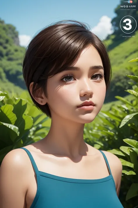 Pixar inspired 3D poster of a woman, short hair above the shoulder straight, moreno claro, Round face,clear eyes, greenery background , fat body