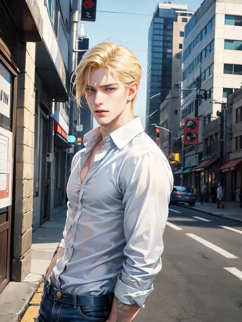 A video game character with an urban style and a realistic side touch, He has straight blonde hair, light blue eyes and white skin. His build is slim but toned.. He wears a half-buttoned button-down shirt and jeans., reflecting modern and urban vibes simil...