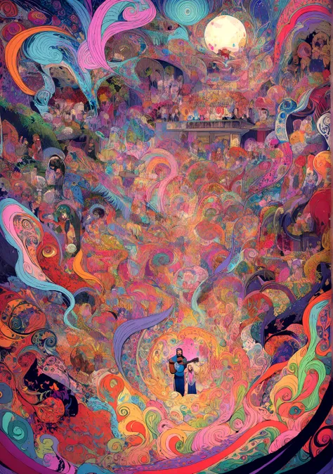 A psychedelic, highly detailed scene of an indoor ((barbecue)) party on the second floor of a house. The main couple, featuring a bearded Latino man and a woman with blue-tipped hair, are surrounded by three other couples, all enjoying the gathering. Every...