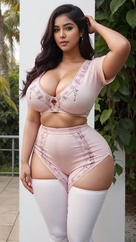  south Indian beautiful woman sexy curvy plus size model wearing different random color skin tight Bollywood Blush Banarasi Dress, eye contact camera view, different style standing position, curvy plus size big hour glass bulky huge figure, big m-cup bulky...