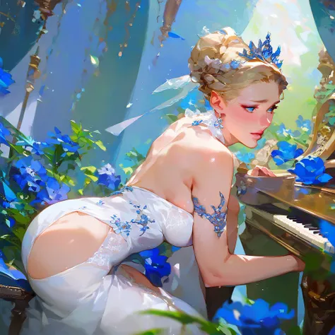 (score_9,score_8_up,score_7_up,) woman in fancy dress leaning over an upright grand piano at dusk with flowers around, 1girl, dress, solo, instrument, flower, high heels, sitting, tiara, white dress, blue eyes, blue flower, blonde hair, hair bun, Expressiv...