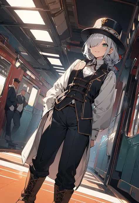 BREAK Perfect Anatomy、(High resolution:1.2)、Incredible illustrations、(Cute illustrations:1.2)、()(cinematic angle,ceiling,solo focus,) 
（Beautiful background（Passage inside the train))

1girl(a (male focus,tom girl), 1.7meters, 45kg,,dark skin:2.5 ,green ey...