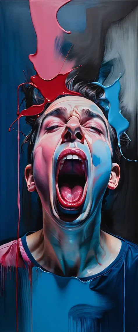 abstract portrait, stefan koidl inspired, inspired by Jenny Saville, an expressive oil painting, sensual man open mouth, high color contrast blue pink and red