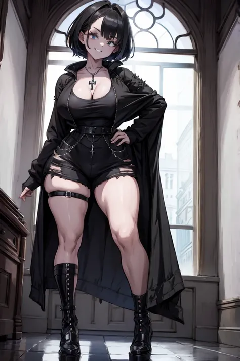 (Masterpiece) (High Detail) (High Res) (white Skin) (アニメ) (Full body picture) beautiful young, gigante breasts, goth style, Gothic style, gothic clothes, rational black sweatshirt, black shorts black clothes, bruncos, cross necklace, Grinning, looking from...