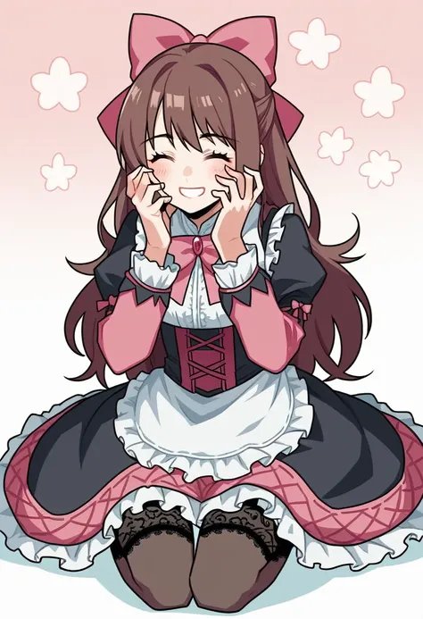 score_9, score_8_up, score_7_up, source_anime, BREAK, (((yew))), 1girl, solo, brown hair, long hair, closed eyes, hair bow, lolita, lolita fashion, lace stockings, hands on face, sitting, happy, light blush, smile, pink lolita dress, pink bow in hair