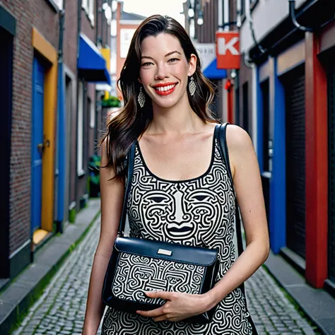 create a photo of a beautiful face young smiling japanese woman holding a bag, detailed face, (liv tyler: 1.3), she is dressed i...