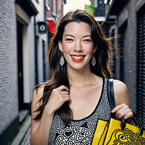 create a photo of a beautiful face young smiling japanese woman holding a bag, detailed face, (liv tyler: 1.3), she is dressed i...