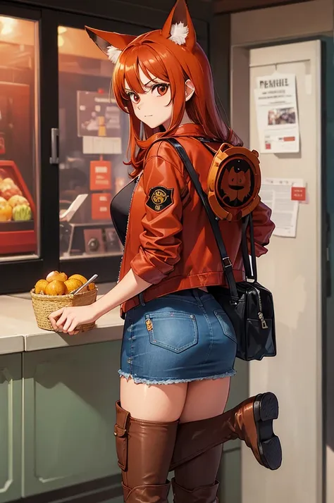 best qualityer, one piece, red fox, Woman, cauda de red fox, orelha de red fox, jeans jacket, red backpack on the back, denim skirt, black boot, eyes browns, chestnut hair