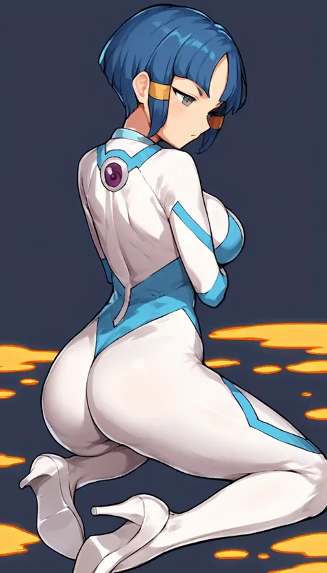 best quality,ultra detailed,solo,score_9, score_8_up, score_7_up, score_6_up, score_5_up, score_4_up, source_anime, 1girl, clara, blue hair, hair tubes, grey eyes, bodysuit,big breasts, sexy pose, (behind view,portrait),full body, sranding on lava,heavenly...