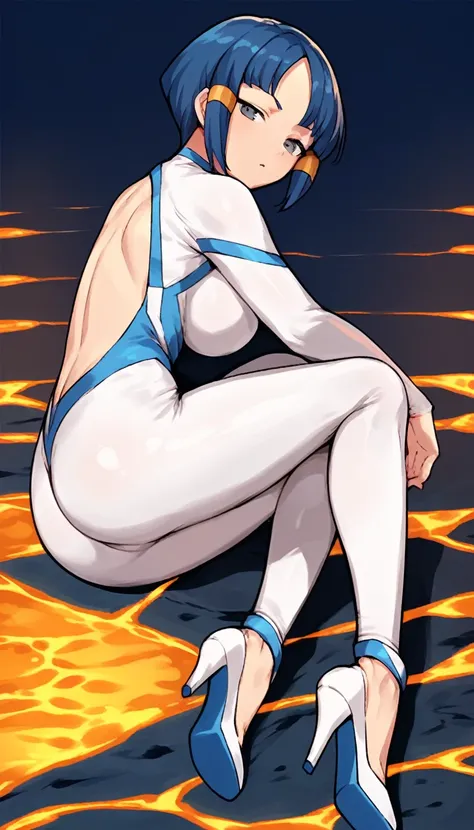 best quality,ultra detailed,solo,score_9, score_8_up, score_7_up, score_6_up, score_5_up, score_4_up, source_anime, 1girl, clara, blue hair, hair tubes, grey eyes, bodysuit,big breasts, sexy pose, (behind view,portrait),full body, sranding on lava,heavenly...