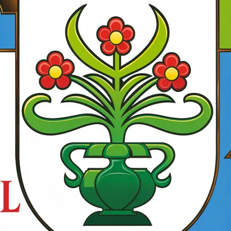 there is a green vase with red flowers on it on a white sign, hoog detail, family crest, closeup of arms, emblem, graphic detail, digital image, coat of arms, heraldry, herb, added detail, random detail, full color digital illustration, in detail, full col...