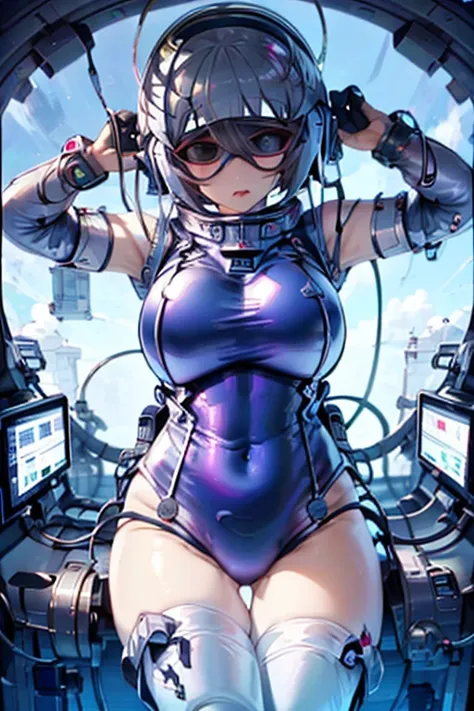 1 Girl, whole body, (space helmet):10,He has a large metal helmet on his head that covers his hair and eyes., tube, wire, She gets electrocuted, brainwashing,astrovest,bing_astronaut,blush,torogao,