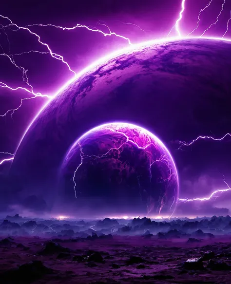 Purple exoplanet planet inside, thunderstorm, purple lighting storm,