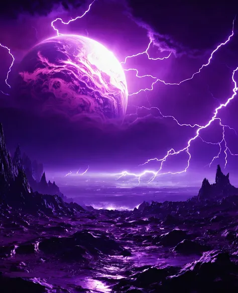 Purple exoplanet planet inside, thunderstorm, purple lighting storm,