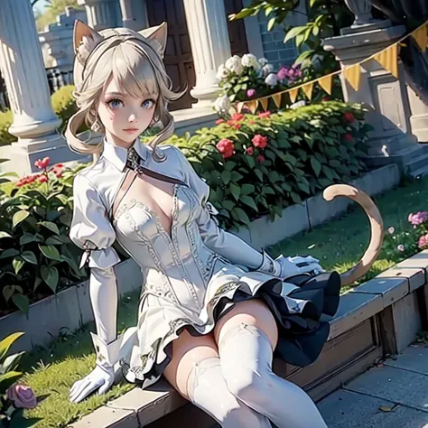 1girl, white maid dress, jewelry, blonde hair, flowing hair, long hair, white roses, firefly, oriental architecture, maid dress with a short skirt and layers, white laces, white boots, white dress with transparency, gold details on her clothes, cat ears, a...