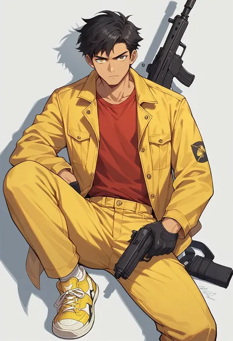 adult man, black hair, red shirt,solo, yellow jacket, yellow pants, yellow sneakers, gun on his waist
