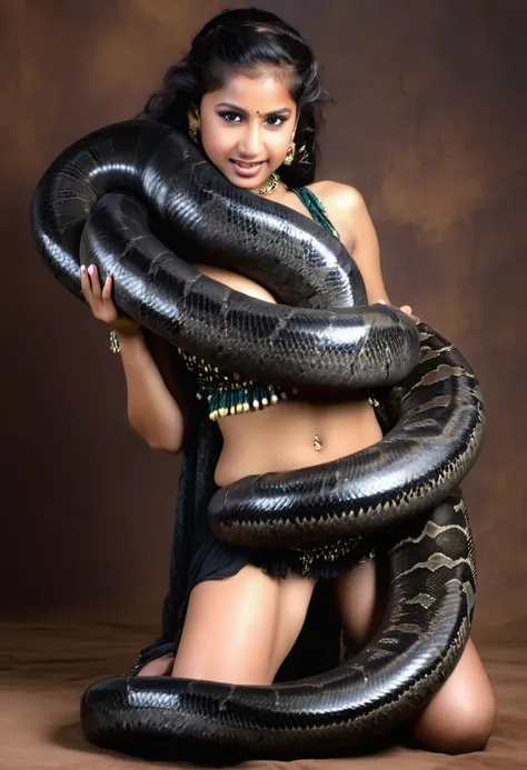 Happy Horny, aroused 1girl), beautiful kneeling Indian  young teen belly dancer girl with  giant colossal black titanboa squeezing her hard, wrapped in thick spiraling coils, constricted, struggle, gasping for air, snake attack, snake peril,