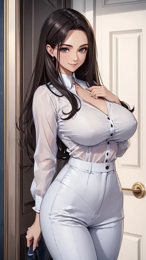 (masterpiece, best quality:1.2), detailed face, detailed eyes, elegant woman, long hair, high heeled,shiny skin,coy smile,welcomes you at the door, white door, Shirt, pants，Huge breasts