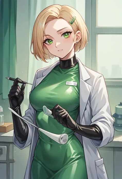 1girl, light hair ((black elbow gloves)), ((surgical gloves)), ((latex gloves)), ((long sleeves)) ((green surgeon outfit)), looking at viewer, ((doctor)), standing, solo