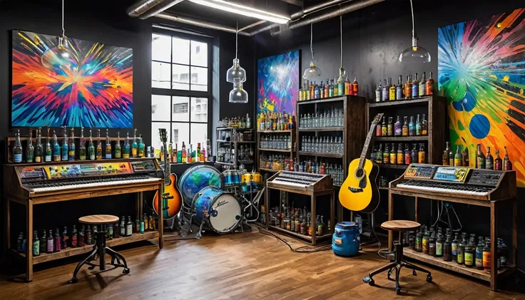 Masterpiece; Guitars and drums in a small science lab(((several science bottles around the room))); (guitars and musical keyboards inside science bottles) World map on the wall. sciencie complete with speakers and glass flasks of chemistry, embody the resi...