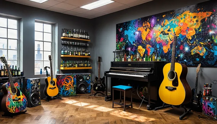 Masterpiece; Guitars and drums in a small science lab(((several science bottles around the room))); (guitars and musical keyboards inside science bottles) World map on the wall. sciencie complete with speakers and glass flasks of chemistry, embody the resi...