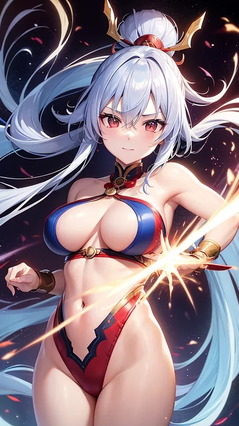 an adult anime-style girl named Tomoe Gozen (to know) showing a friendly smile ,presents an impressive and powerful appearance. It is 2 kilometers high, she holds a galaxy with her hand, showing her great multiversal power she is sitting on a planet measur...