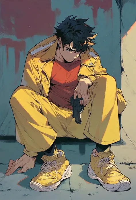 adult man, black hair, red shirt,solo, yellow jacket, yellow pants, yellow sneakers, gun on his waist
