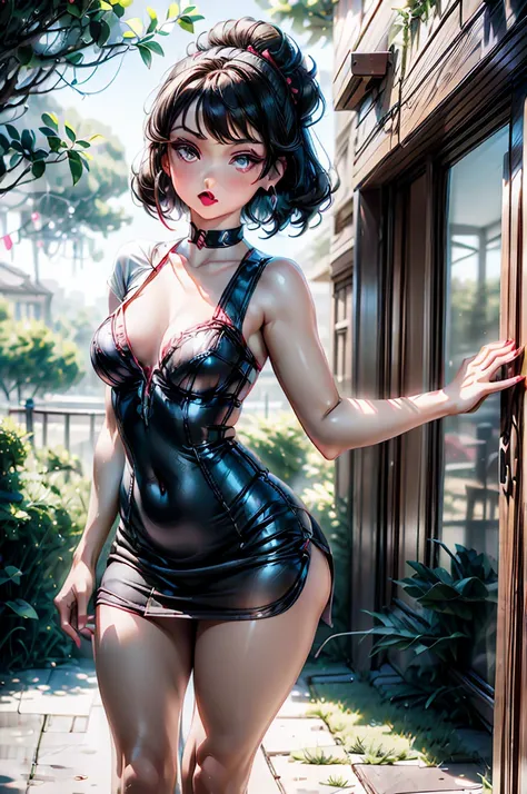 (8K HDR photorealistic pic), Betty Boop, short, althetic, curvy lady, ((tight little red dress)), dark eyebrows, ((blush, black lipstick, hoop earrings)), dark eyeshadow, curvy silhouette, busty buxom body, (curly short black hair), shortstack, (retroussé ...