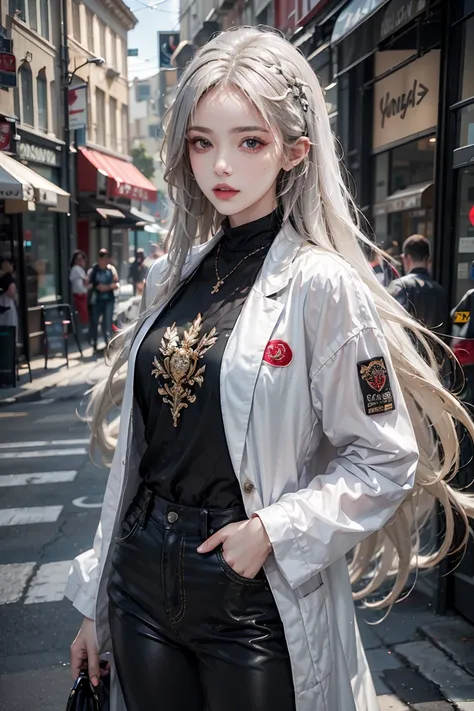 female,masterpiece, realistic, best quality, ultra detailed, cowboy_shot, long white hair, jewelery, street wear, colorful clothing