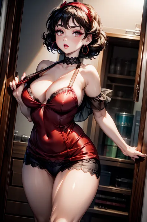 (8K HDR photorealistic pic), Betty Boop, short, althetic, curvy lady, ((tight little red dress)), dark eyebrows, black lipstick, (hoop earrings), dark eyeshadow, black lipstick, curvy, busty, (curly short black hair), shortstack, (retroussé breasts), darli...