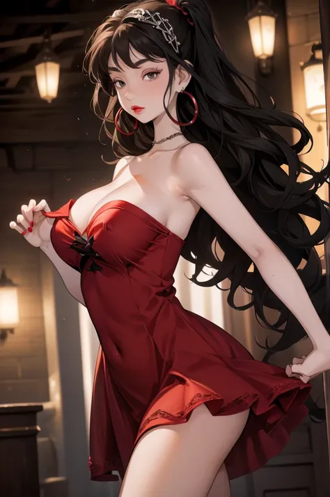 (8K HDR photorealistic pic), Betty Boop, short, althetic, curvy lady, ((tight little red dress)), dark eyebrows, black lipstick, (hoop earrings), dark eyeshadow, black lipstick, curvy, busty, (curly short black hair), shortstack, (retroussé breasts), darli...