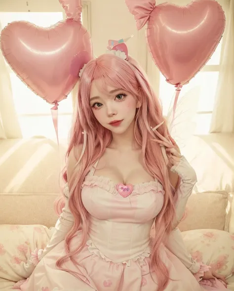 there is a woman with pink hair and a heart shaped balloon, belle delphine, fairycore, doja cat, long flowing pink hair, melanie martinez, inspired by Marie Angel, with pink hair, aesthetic cute with flutter, ahegao, with bunny ears, wig, long bubblegum ha...