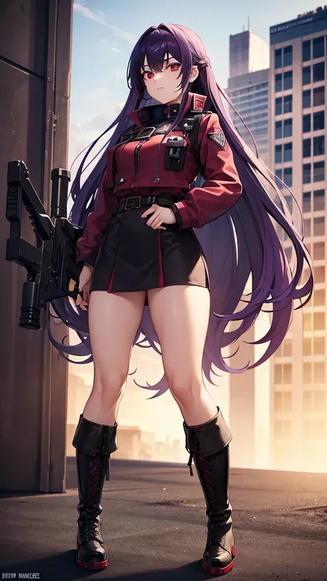 girl with long hair, perfect body, purple-red eyes, military jacket, beautiful thick thighs, purple-red and black clothing, military boots, many belts, holds a futuristic machine gun with both hands, has war scars, walking shot, focus Full body, high defin...