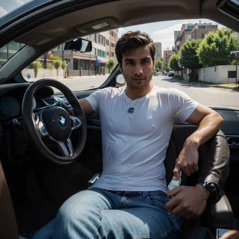 A confident 30-year-old man with short brown hair and distinct Algerian features sits behind the wheel of a sleek BMW. The cars modern, luxurious interior complements his composed and stylish appearance. He is dressed in a casual yet elegant outfit, perhap...