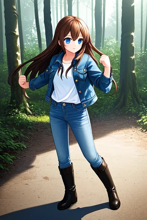 A Girl exploring a Taiga Forest. She has long Brown hair, Blue Eyes, Denim Jacket, White Shirt, worn Jeans, Black boots, holding up her fists.
(Accurate Lighting, High Quality, Accurately Textured, Perfectly Textured, Realistic Shadows, Consistent Quality,...