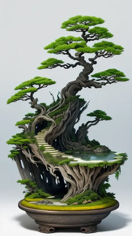 best quality, realistic, photorealistic, coral cave with mountains with divine bonsai trees at the top of the mountain stems pointing sideways and downwards, green, yellow, "wrapped around with white roots with many roots wrapped around" mountain mountains...