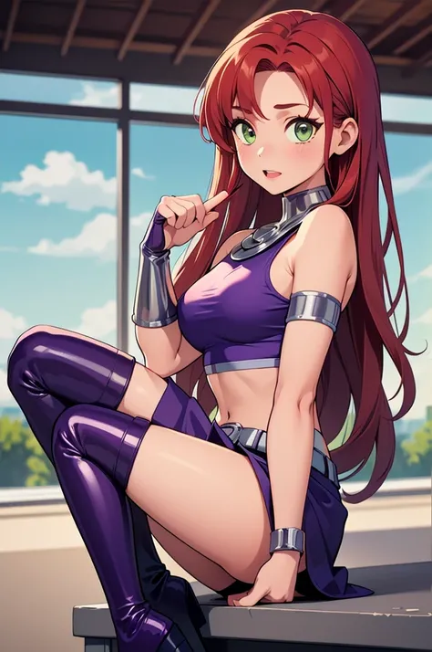 (masterpiece, best quality), 1girl,   starfire, sexy supermodel, student body, orange skin, red hair, gorget, crop top, armlet, vambraces, midriff, skirt, purple skirt, thigh boots