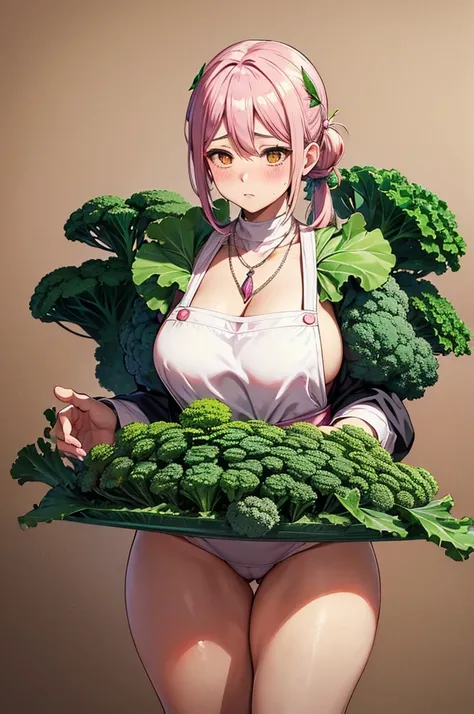 1 45 year old woman , standing alone, nakano nino, pink  hair, butterfly hair ornaments, (Kale:1.3), (white apron), breasts big, neckleace, thicc thighs, coffee background, (blushful:1.3)