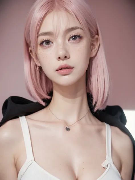 Cute girl short pink hair, with two bows on each side of the hair, all her hair short pink , with a star clip in her pink hair, light colored eyes, pretty eyes, crying eyes, pretty, upturned nose, watery nose, Pretty lips, pink lips, heart and cupid shaped...