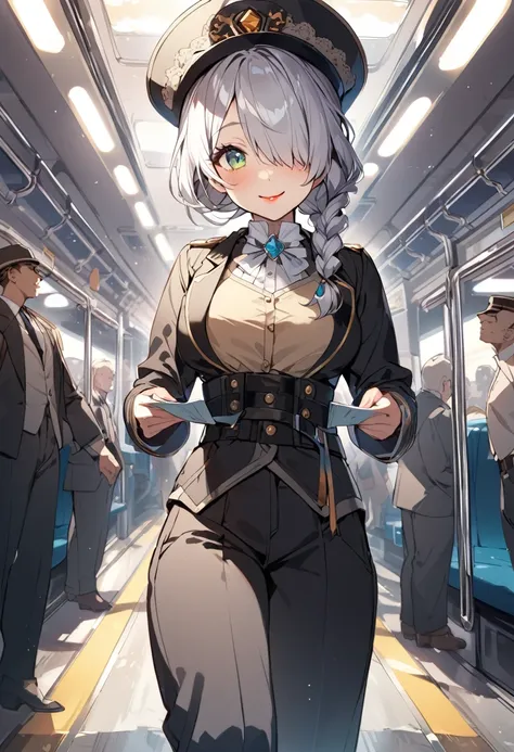 BREAK Perfect Anatomy、(High resolution:1.2)、Incredible illustrations、(Cute illustrations:1.2)、()(cinematic angle,ceiling,solo focus,) 
（Beautiful background（Passage inside the train))

1girl(a (male focus,tom girl), 1.7meters, 45kg,,dark skin:2.5 ,green ey...