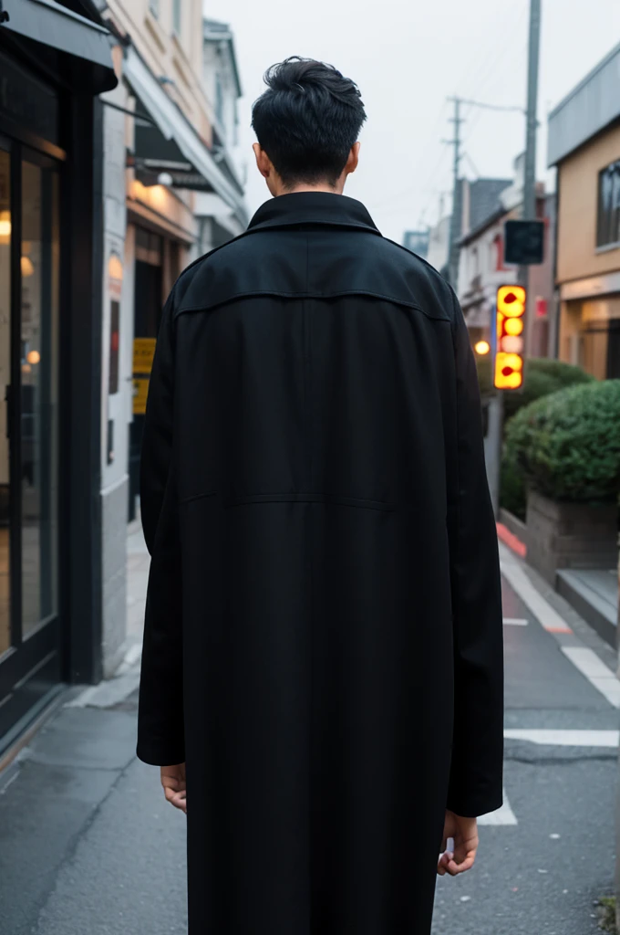 Back view of a man wearing a black coat